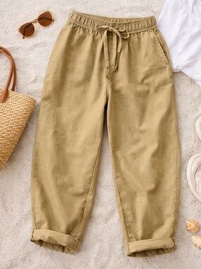 Zara Barrel Leg Cropped Pants Khaki Cotton Elastic Waist